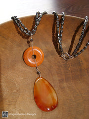 Double Hematite Necklace w/ Red Jasper and Fire Agate Pendant