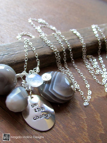 Long Delicate Agate and Moonstone Cluster Necklace