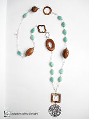 Long Chunky Asymmetrical Amazonite, Shell and Wood Necklace