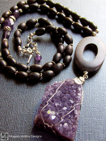 Long, Chunky Amethyst and Ebony Wood Necklace