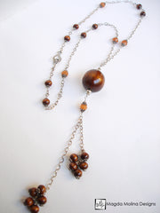 Long Silver, Wood And Red Aventurine Necklace