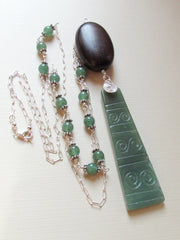 Long Silver Chain Necklace with Aventurine And Ebony Wood