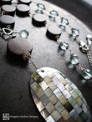 Ebony Wood and Blue Quartz Necklace With Shell Mosaic Pendant
