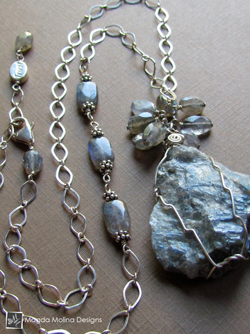 Wire-Wrapped Labradorite Chunk + Cluster Pendant on Silver Chain