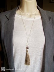 The Long Silver Chain Necklace With Champagne Silk Tassel And Agate