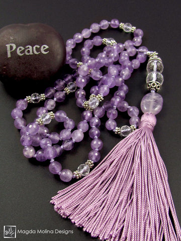 The Lavender Amethyst And Crystal Quartz MALA Necklace With Silk Tassel