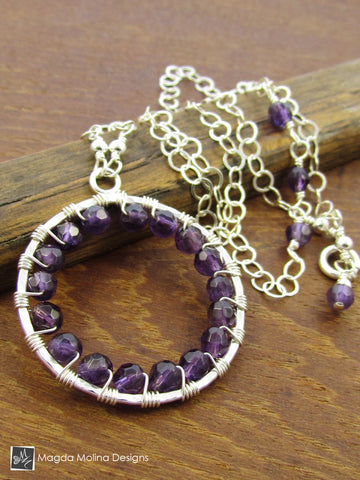 The Infinity Circle Hammered Silver Necklace With Amethyst Gemstones