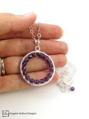 The Infinity Circle Hammered Silver Necklace With Amethyst Gemstones