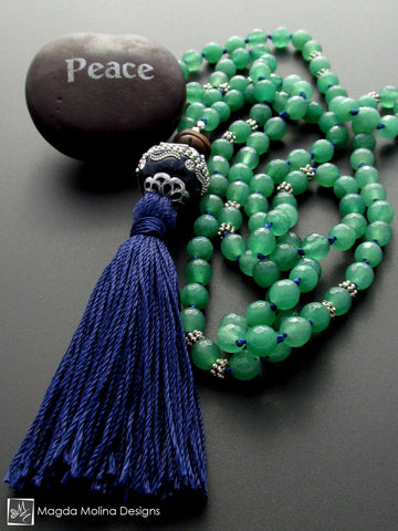 The Green Aventurine and Wood MALA Necklace With Blue Silk Tassel