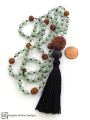 The Light Green Aventurine And Rudraksha MALA Necklace With Black Silk Tassel