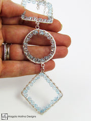 Long Geometric Silver Necklace With Blue Topaz Gemstones