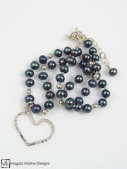 Mini Goddess (children) Dark Blue Pearls And Hammered Silver Heart Necklace