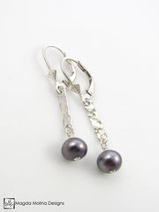 The Hammered Silver Bar And Midnight Blue Pearl Delicate Earrings