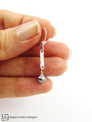 The Hammered Silver Bar And Midnight Blue Pearl Delicate Earrings