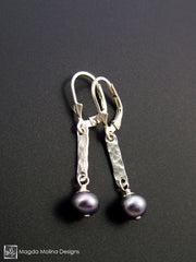 The Hammered Silver Bar And Midnight Blue Pearl Delicate Earrings