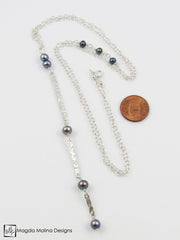 The Long Hammered Silver Bar And Midnight Blue Pearls Chain Necklace