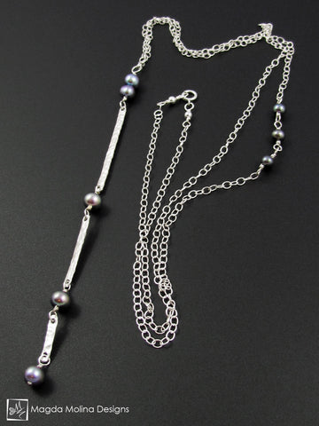 The Long Hammered Silver Bar And Midnight Blue Pearls Chain Necklace