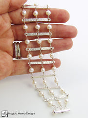 The Hammered Silver Ladder Architectural Bracelet With Freshwater Pearls