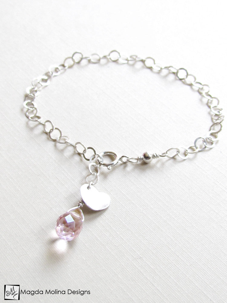 Mini Goddess (children) Chain Bracelet With Tiny Heart Charm & Pink Quartz Drop
