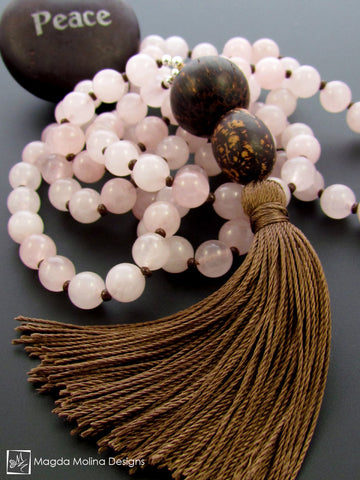 The Rose Quartz MALA Necklace With Brown Silk Tassel