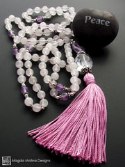 The Rose Quartz, Amethyst and Crystal Quartz MALA Necklace With Pink Silk Tassel