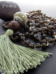 The Smokey Quartz And Wood MALA Necklace With Green Silk Tassel