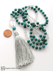 The Turquoise and Crystal Quartz MALA Necklace With Aqua Silk Tassel