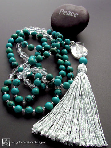 The Turquoise and Crystal Quartz MALA Necklace With Aqua Silk Tassel