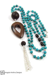 The Long Turquoise And Wood Necklace With Silver Tassel