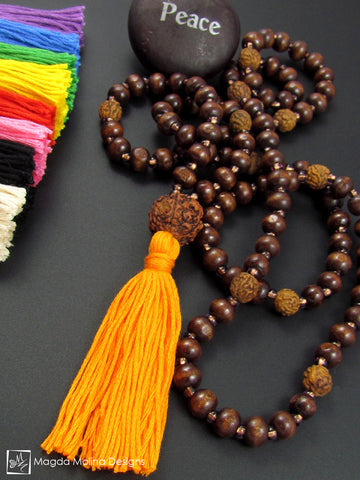 The Wood And Rudraksha MALA Necklace With Colorful (options) Cotton Tassel